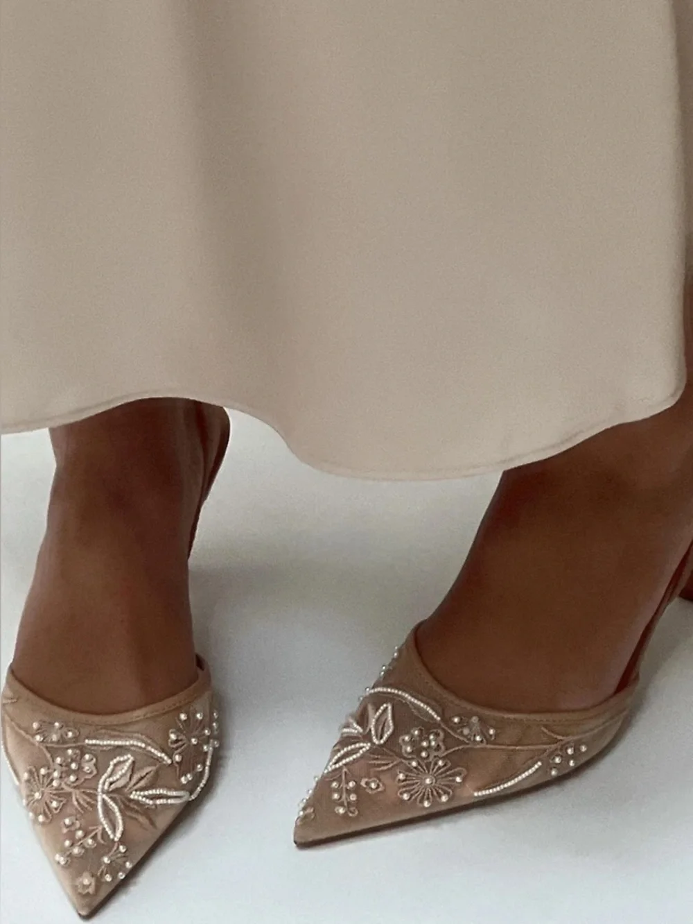 Zara tan embroidered & beaded mesh sling-back heels. 10 NWT
